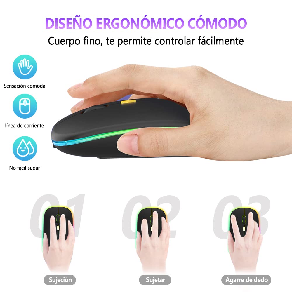 Free wolf X15 Mouse Inalámbrico, Mouse Bluetooth y 2.4GHz Modos Dual Recargable y Ergonómico, Mouse con Luz, con Receptor USB 3 Ajustable dpi Ratón para Computadora, Portátil, PC, Mac (Negro Mate)