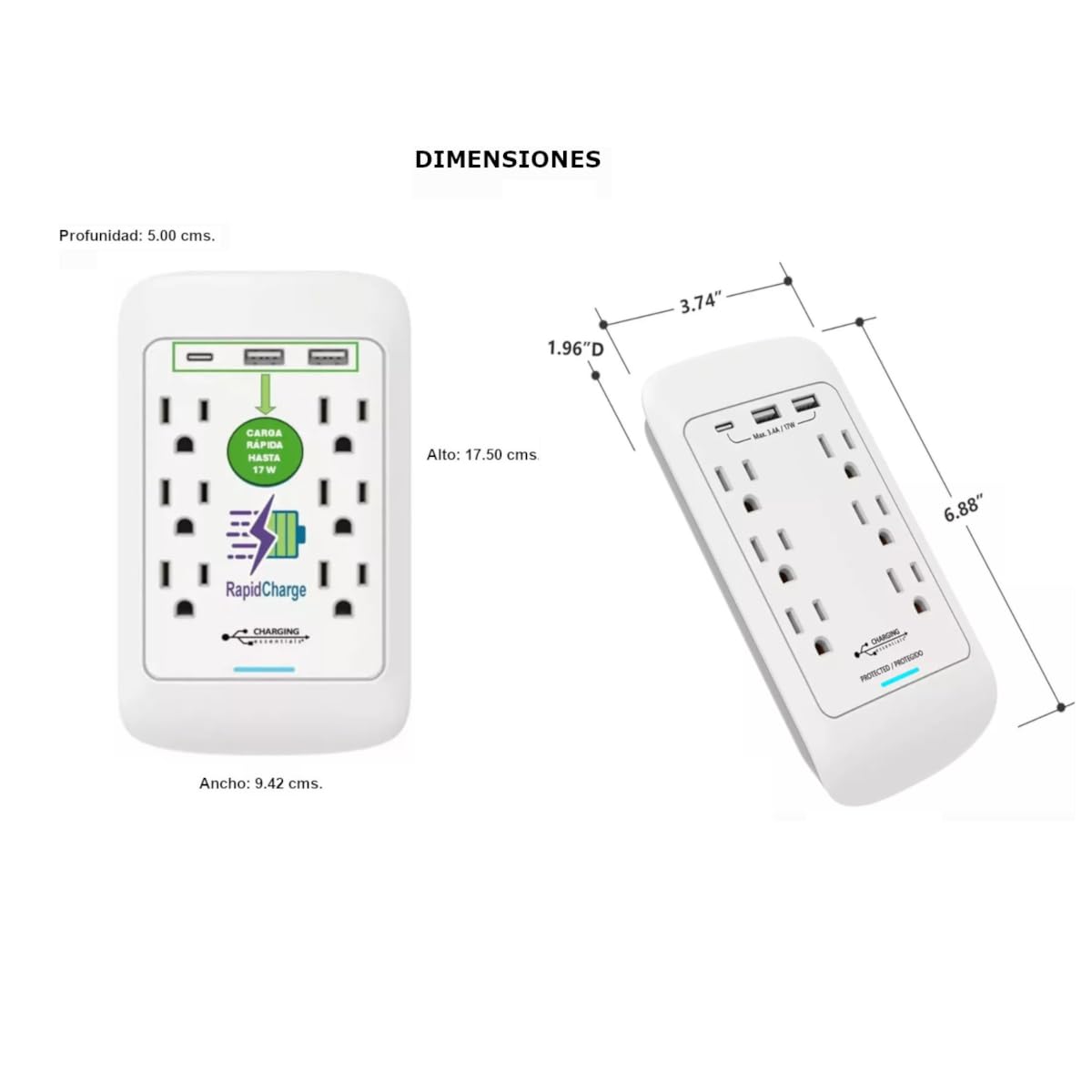 Charging Essentials: Cargador de pared con 3 puertos USB (1 USB-C y 2 USB-A), 5V/3.4A, protección contra sobretensiones, paquete de 2