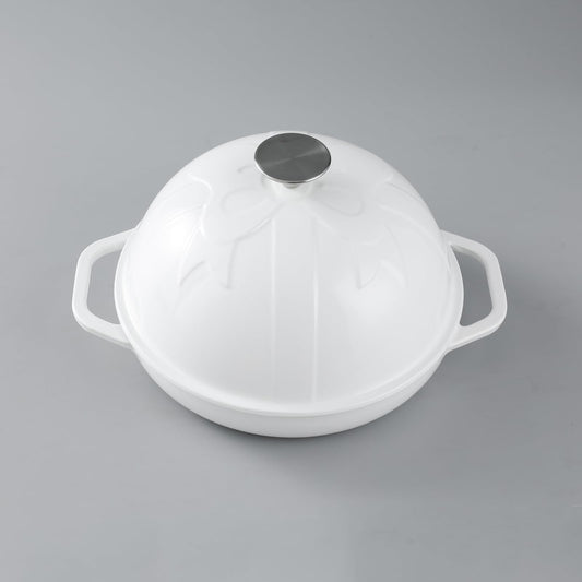 HAWOK Horno de pan de hierro fundido con tapa Cloche, diámetro 25 cm, 1.5 cuartos de galón, charola para hornear de masa madre, color blanco esmaltado