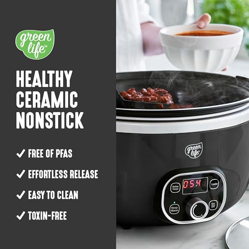 GreenLife - Olla de cocción lenta de cerámica de 6 cuartos de galón, última intervensión de PFAS, programable, extraíble y saludable antiadherente para familias numerosas, sellado en estufa, mantiene