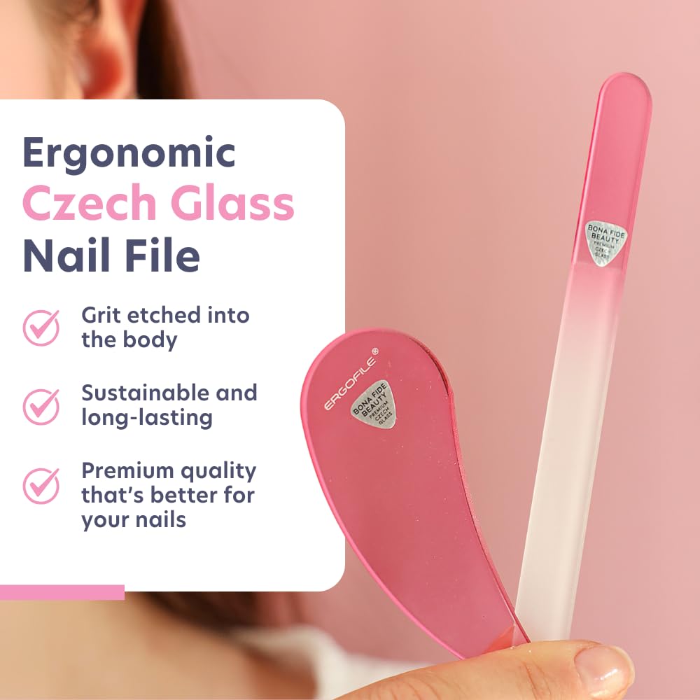 BONA FIDE BEAUTY Set De Limas De Uñas De Cristal - Ergo File - Herramientas Premium Para El Cuidado De Las Uñas. Cristal Checo Auténtico (Rosa)