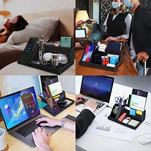 TopMade - Organizador de mesa de noche con cargador inalámbrico, soporte para bolígrafos de piel, suministros de oficina, accesorios de computadora, estación de carga rápida, soporte de control remoto