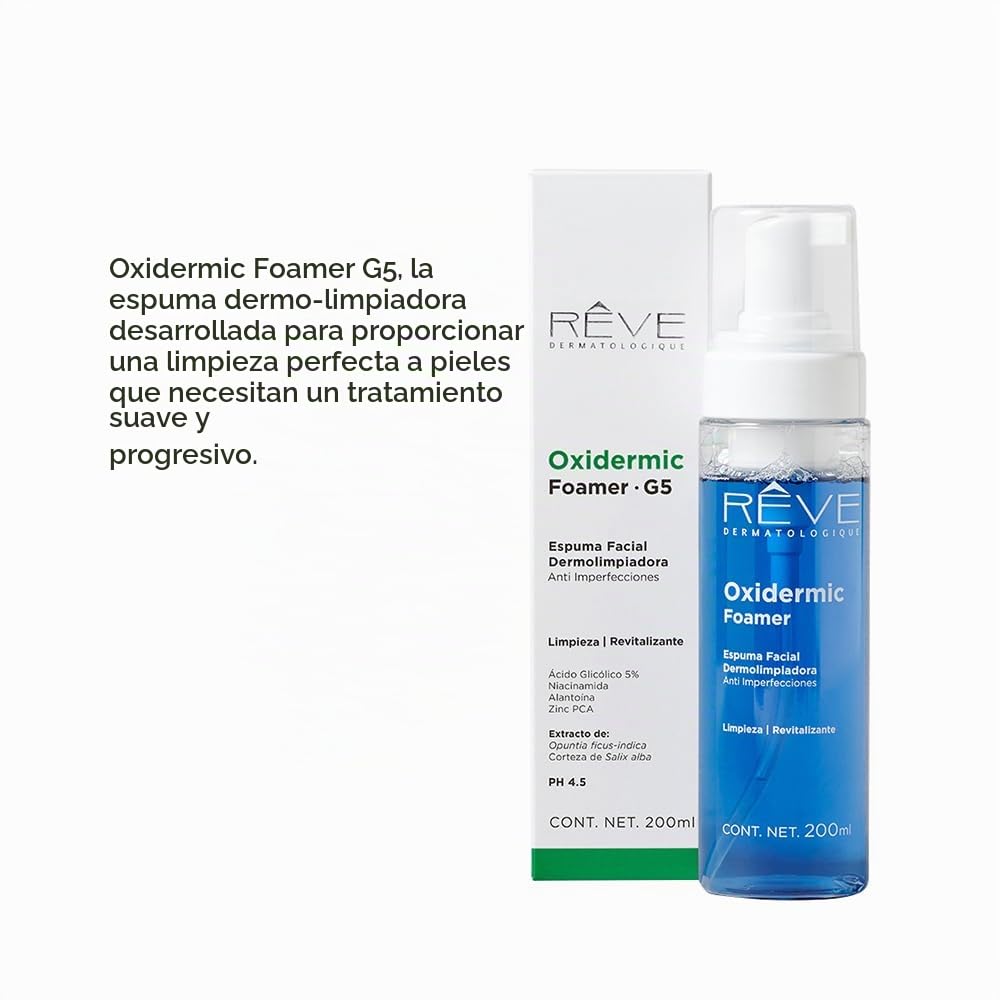 Reve Dermatologique | Oxidermc Foamer G5 - Espuma Facial Dermolimpiadora Anti imperfecciones - Ácido Glicólico, Niacinamida, Extracto de Corteza de Salix alba y Opuntia ficus-indica. - 200 ml