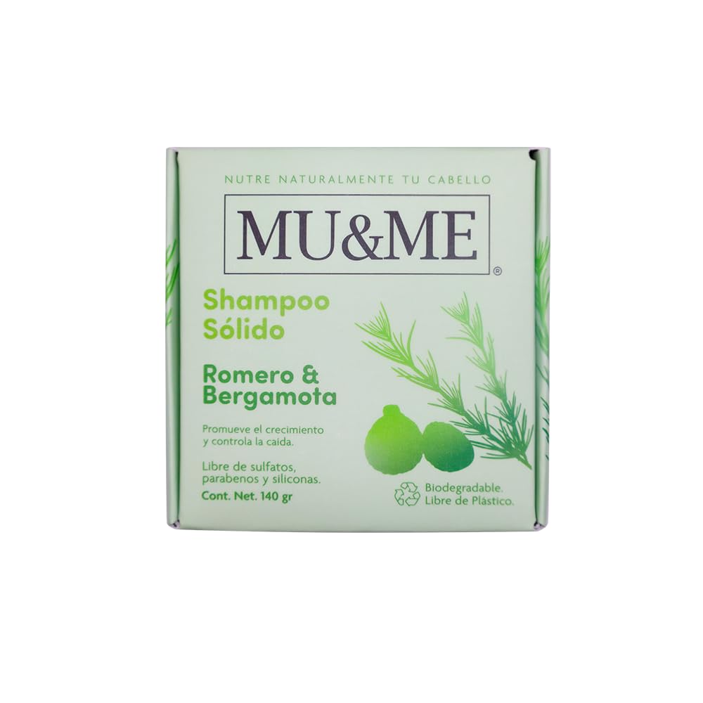 MU&ME Shampoo en Barra para Crecimiento y Control - Shampoo de Romero para el Cabello Natural Hecho en México - Sin Sulfatos ni Parabenos e Hidratante - Biodegradable (Romero & Bergamota) (140gr)