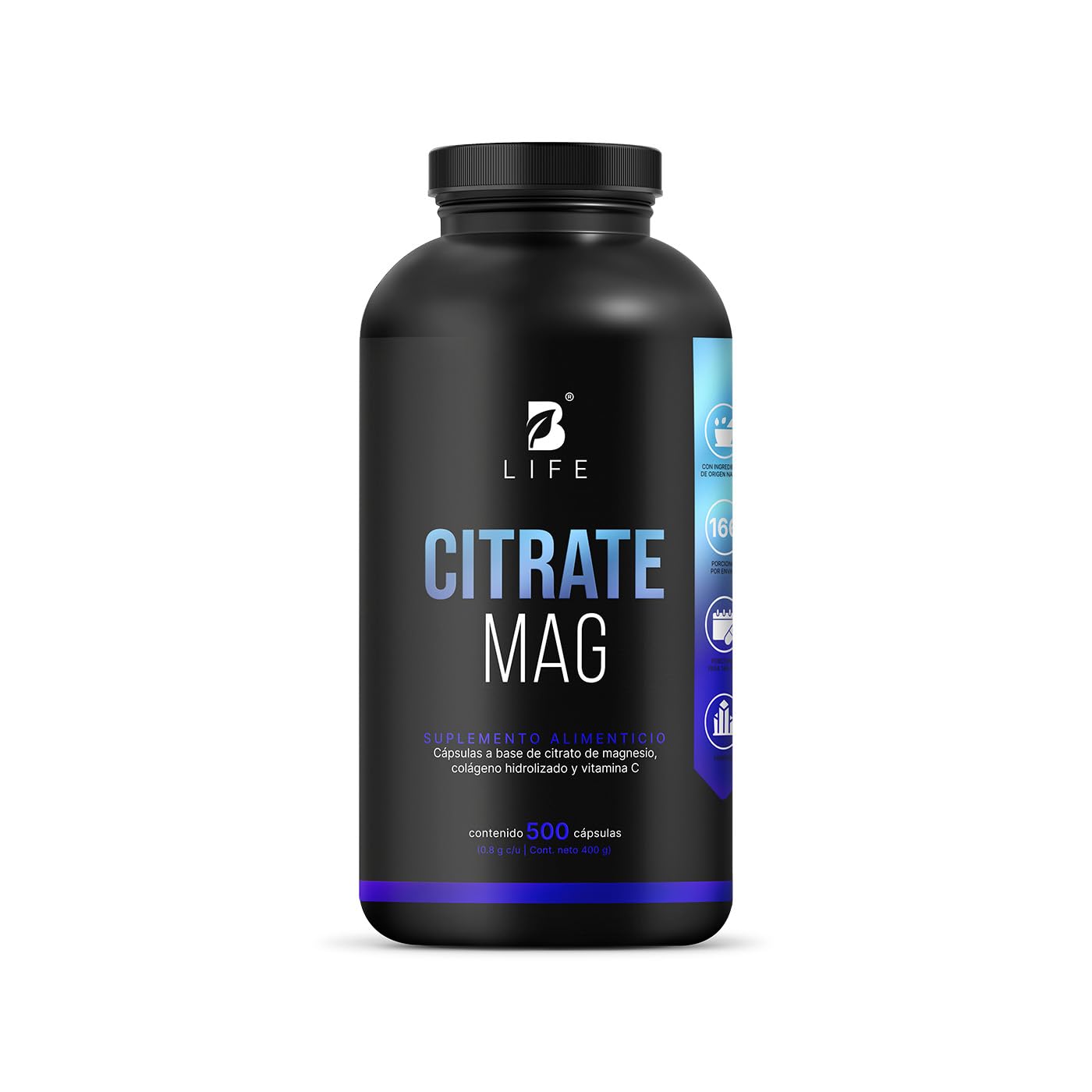 B Life Citrato de Magnesio Puro | 500 cápsulas | 2400 mg por porción | Alta absorción | Adicionado con Vitamina C y Colágeno Hidrolizado | Ingredientes Naturales | Citrate Mag.