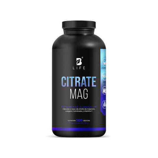 B Life Citrato de Magnesio Puro | 500 cápsulas | 2400 mg por porción | Alta absorción | Adicionado con Vitamina C y Colágeno Hidrolizado | Ingredientes Naturales | Citrate Mag.
