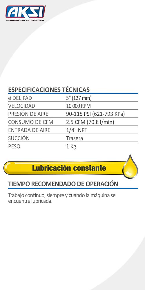LIJADORA ORBITAL NEUMÁTICA - AKSI - Con una velocidad de 20,000 RPM - 90/115 PSI entrada de aire 1/4" NPT peso sin accesorios .3 kg (5" SEMI PRO)