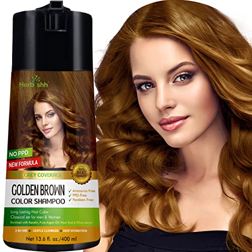 Herbishh Hair Color Shampoo for Gray Hair - Champú de color enriquecido Fórmula para teñir el cabello - Champú y acondicionador para teñir el cabello - Larga duración, cobertura completa de canas y bricolaje (Golden Brown)