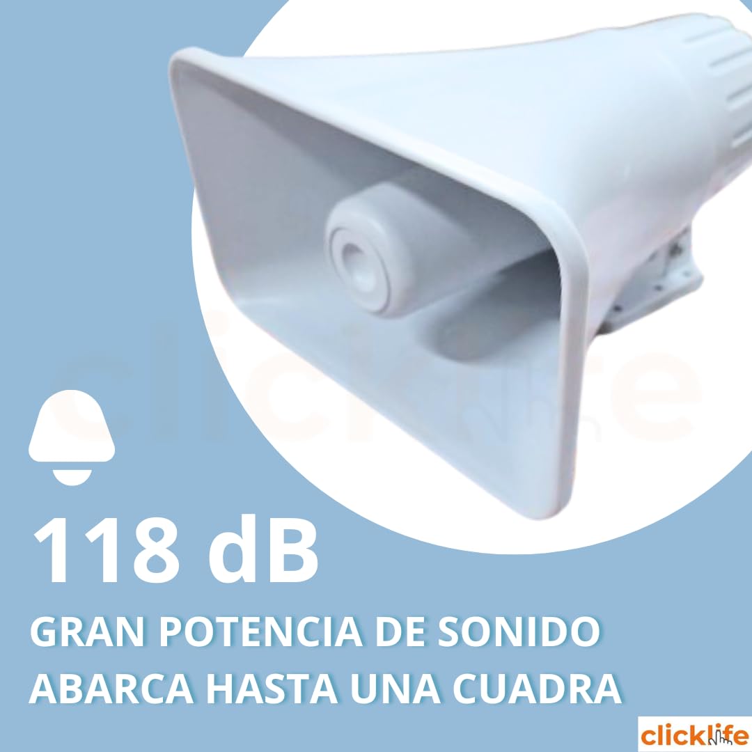 Clicklife - Sirena Alarma Vecinal 30W con 1 Control Remoto Sonido Potente de 100 m (229 dB) | Seguridad para Casa Negocio Escuela Fácil de Instalar Resistente al Clima con Frecuencia de 433 MHz