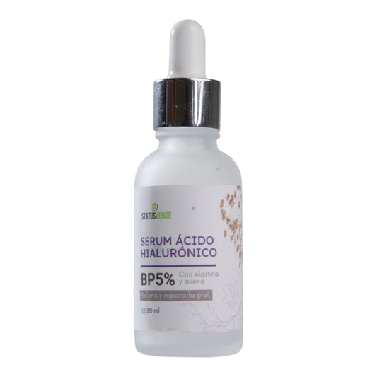 STATUS VERDE, Serum facial Antienvejecimiento. de ACIDO HIALURONICO con Elastina y Avena, Aclara, ilumina y estira la piel, para uso diario, 30ml