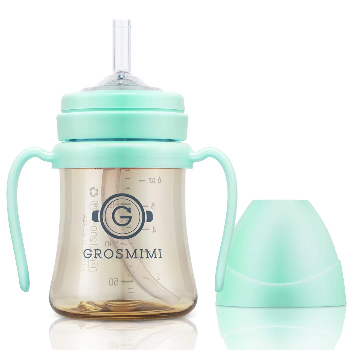GROSMIMI - Taza de paja para bebé, a prueba de derrames de PPSU con asas giratorias para bebés y niños pequeños de más de 6 meses, pajita de silicona, sin BPA, etapa 1, 6 onzas (verde aguamarina)