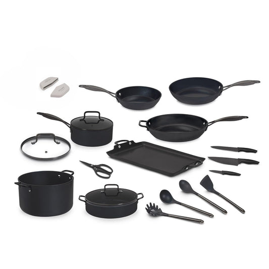 JADE BLACK Batería de Cocina 20 Piezas, Recubrimiento de Polvo de Jade Negro, Base Full Induction, Incluye Sartenes, Ollas y Utensilios