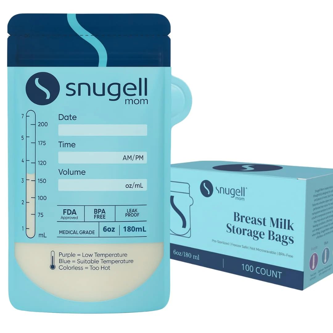 Snugell Bolsas de almacenamiento de leche materna / 180 ml, a prueba de fugas, sin BPA, duraderas y transparentes para una fácil visibilidad de la leche (100 unidades)