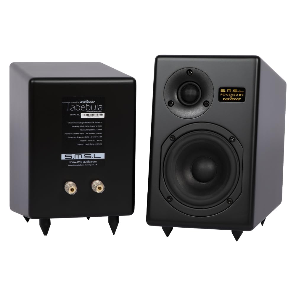 S.M.S.L - Sistema de altavoces pasivos Tabebuia para estantería, controladores Wavecor personalizados, 100 W por canal, respuesta de 56 Hz-32 kHz, distancia de pared ajustable con picos (par) (negro)
