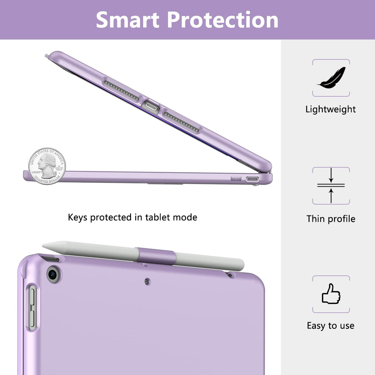 Funda Teclado Touchpad iPad 10.2 Morado Giratoria 360° Con Portapluma