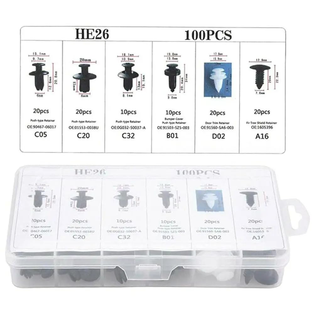 Grapa Remache Automotriz Universal Surtido con Estuche y Herramientas de Desmontaje Molduras Tablero Clips de Retenedores Coche Diversos Tamaños | 100 Pzs