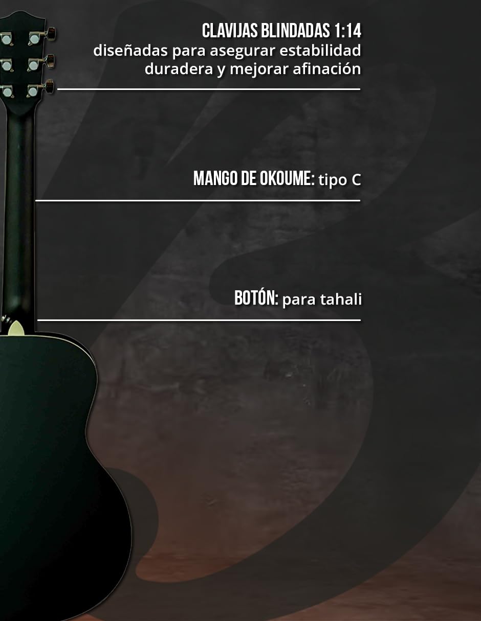 BAMBOO, Guitarra Acústica Vision Negra con Funda, 38 pulgadas, madera Linden