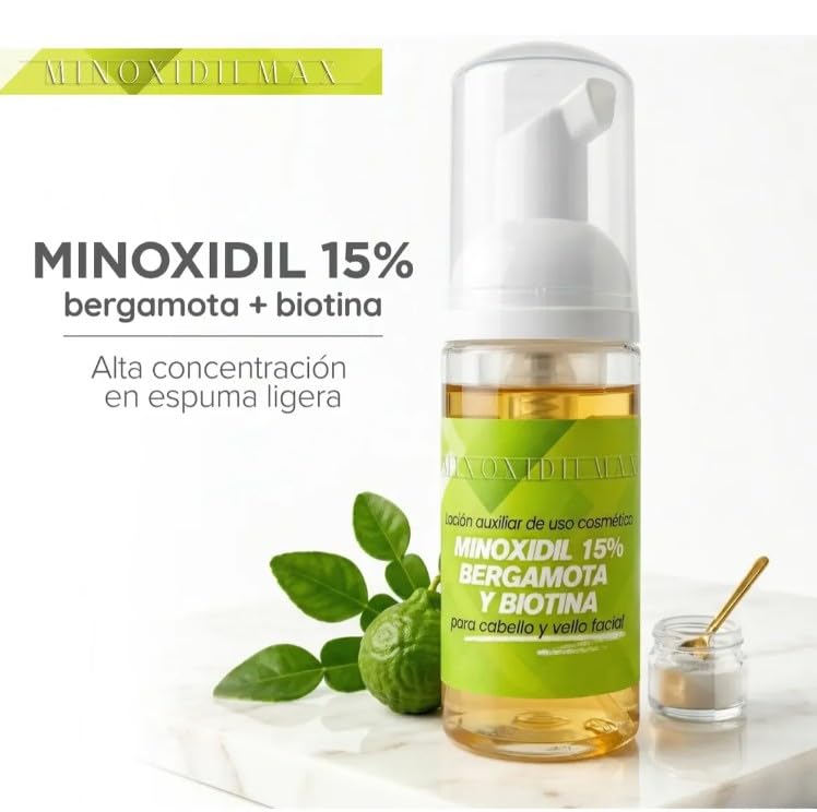 Tratamiento Cosmético en Espuma Minoxidilmax Bergamota con Minoxidil 15% y Biotina para el Crecimiento de Cabello y Barba