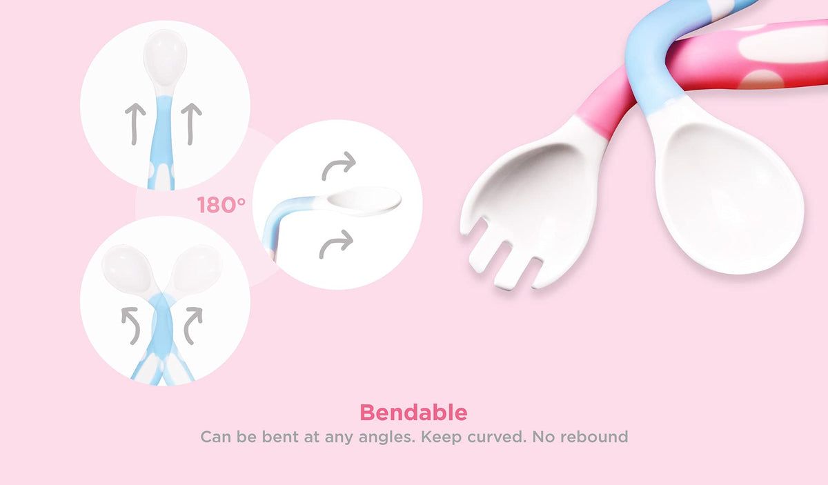 Juego de cubiertos flexibles para bebés y niños pequeños, 2 pares de cucharas y tenedores para niños pequeños, autoalimentación y entrenamiento para bebés