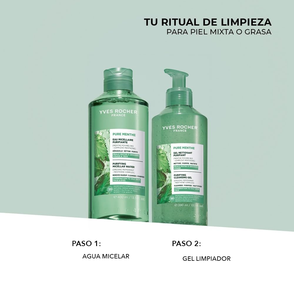 YVES ROCHER - Pure Menthe Limpiador Facial en Gel, Purifica y Matifica, Fórmula Vegana, Piel Grasa a Mixta, 390 ml