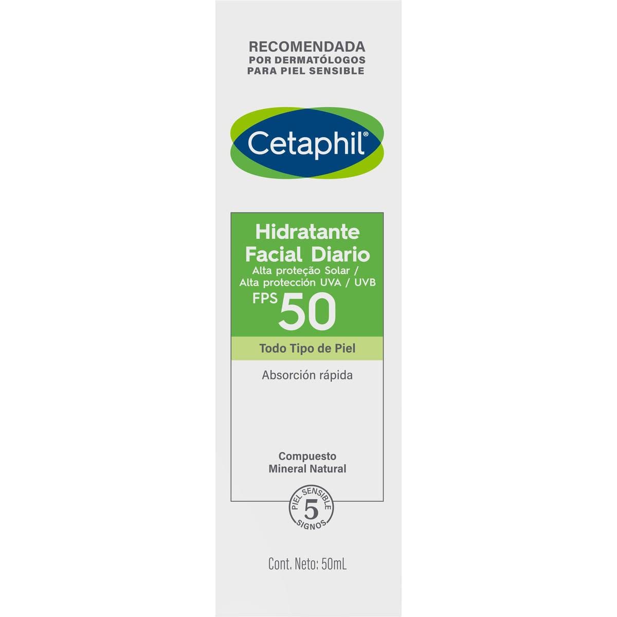 Cetaphil Hidratante Facial Diario con Protección UVA UVB y FPS 50, Hidrata con Fotoprotección UVA UVB Recomendada por Dermatólogos para Piel Sensible