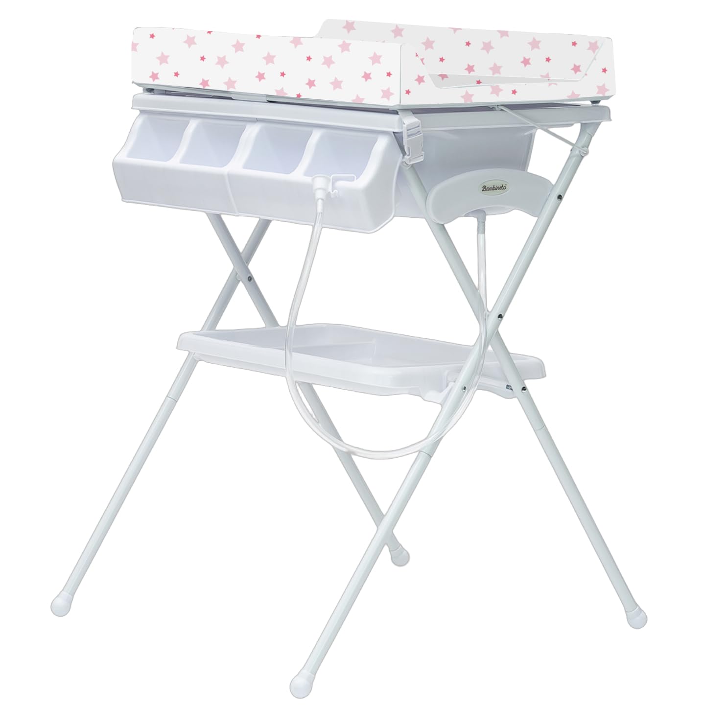 BAMBINETO Bañera alta para bebé BATH con Colchón Cambiador y Base de tijera. ESTRELLAS ROSA