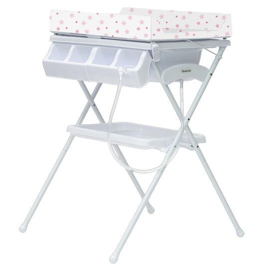 BAMBINETO Bañera alta para bebé BATH con Colchón Cambiador y Base de tijera. ESTRELLAS ROSA