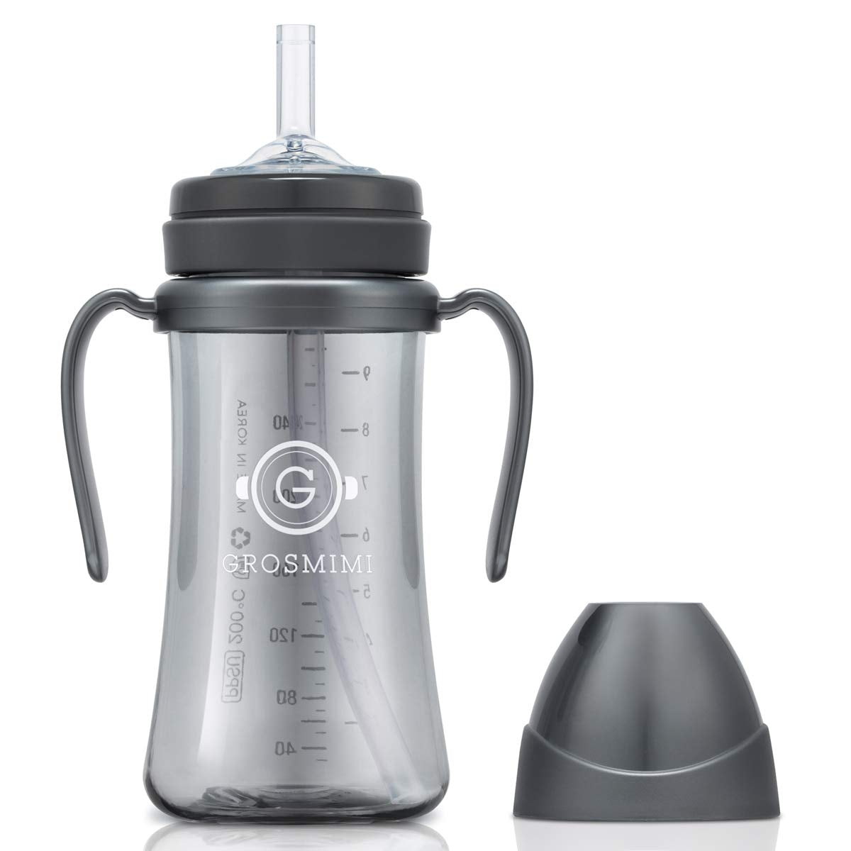 GROSMIMI - Taza de paja para bebé, a prueba de derrames de PPSU con asas giratorias para bebés y niños pequeños de más de 6 meses, pajita de silicona, sin BPA, etapa 1, 10 onzas/300 ml (carbón)