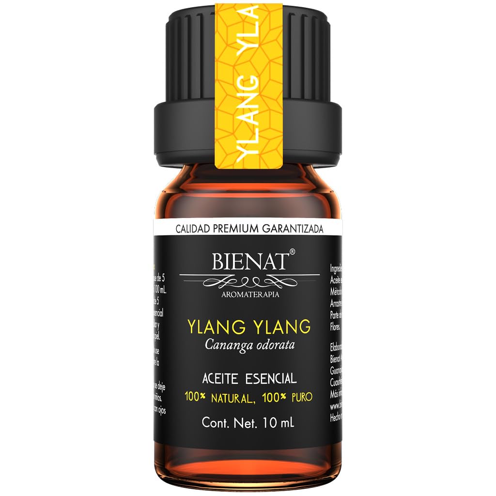 BIENAT AROMATERAPIA Aceite Esencial de Ylang Ylang 10mL | 100% Puro y Concentrado | Ideal para Difusor de Aromas, Humidificador, Aromaterapia, Masajes, Meditación, Jabones y Velas | Esencia Natural en Gotas