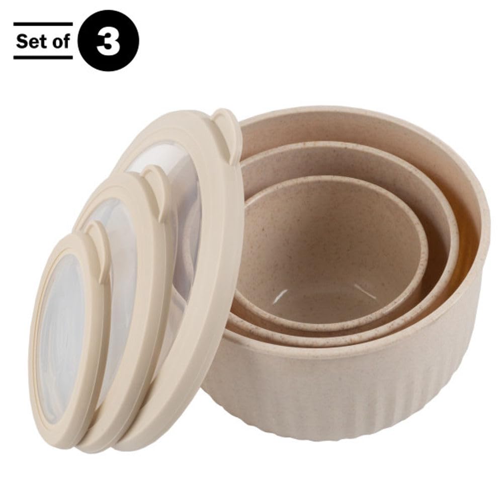 Classic Cuisine - Juego de 3 cuencos con tapas - Cuencos para mezclar aptos para microondas, congelador y nevera - Esenciales ecológicos de cocina (beige), S, M, L