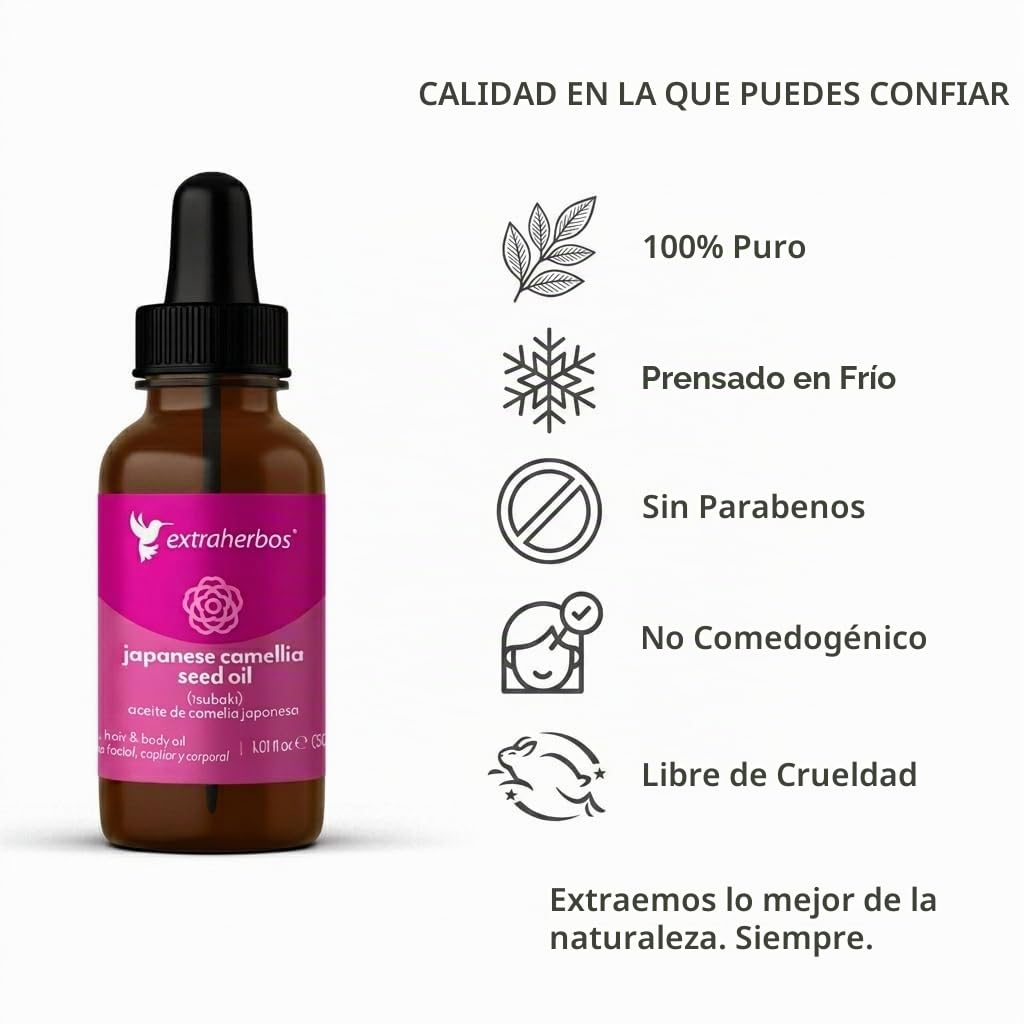 Extraherbos Aceite de Camelia Japonés Prensado en Frío 30ml – Aceite Tsubaki Orgánico para Rostro y Cabello | Efecto Piel de Porcelana, Antiarrugas – Hidratante No Comedogénico