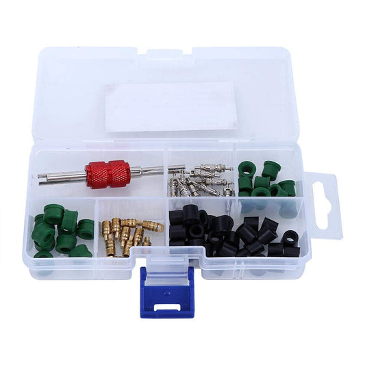 FTVOGUE 71pcs Herramienta de reparación del Kit de reparación de Aire Acondicionado 10pcs núcleos de válvula + 50pcs Juntas de Manguera + 10pc válvulas con Caja de Almacenamiento