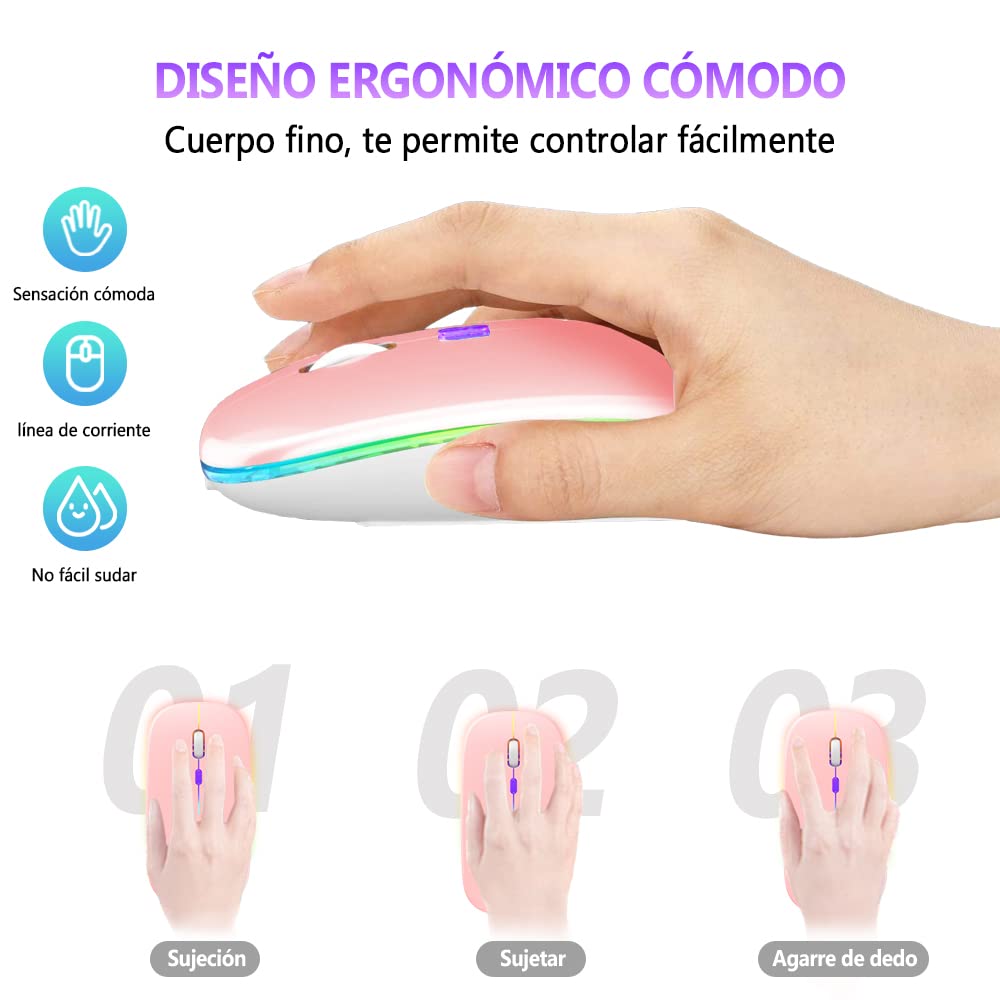 Free wolf X15 Mouse Inalámbrico, Mouse Bluetooth y 2.4GHz Modos Dual Recargable y Ergonómico, Click Silencioso con Receptor USB 3 Ajustable dpi Ratón para Computadora, Portátil, PC, Mac (Rosa)