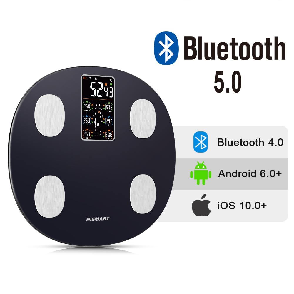 INSMART Báscula de grasa corporal para personas digital con aplicación, báscula Bluetooth para frecuencia cardíaca, grasa corporal, IMC, peso, masa muscular, agua, proteínas, músculos esqueléticos
