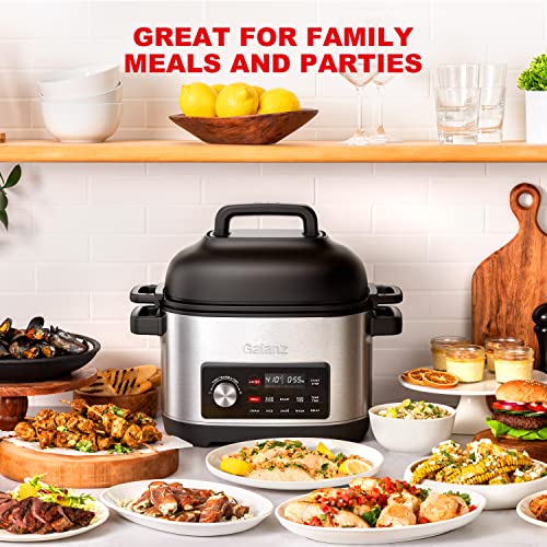 Galanz Cocina múltiple 8 en 1 con freír al aire, al aspiradora, arroz, saltear, cocción lenta, vapor, asado y parrilla, tazón extraíble de 8 cuartos de galón, 8 programas preestablecidos, acero inoxidable