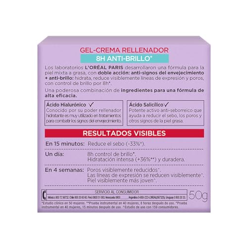 L'ORÉAL Paris Gel Crema Revitalift Ácido Hialurónico 50 gr | Controla Sebo, Poros