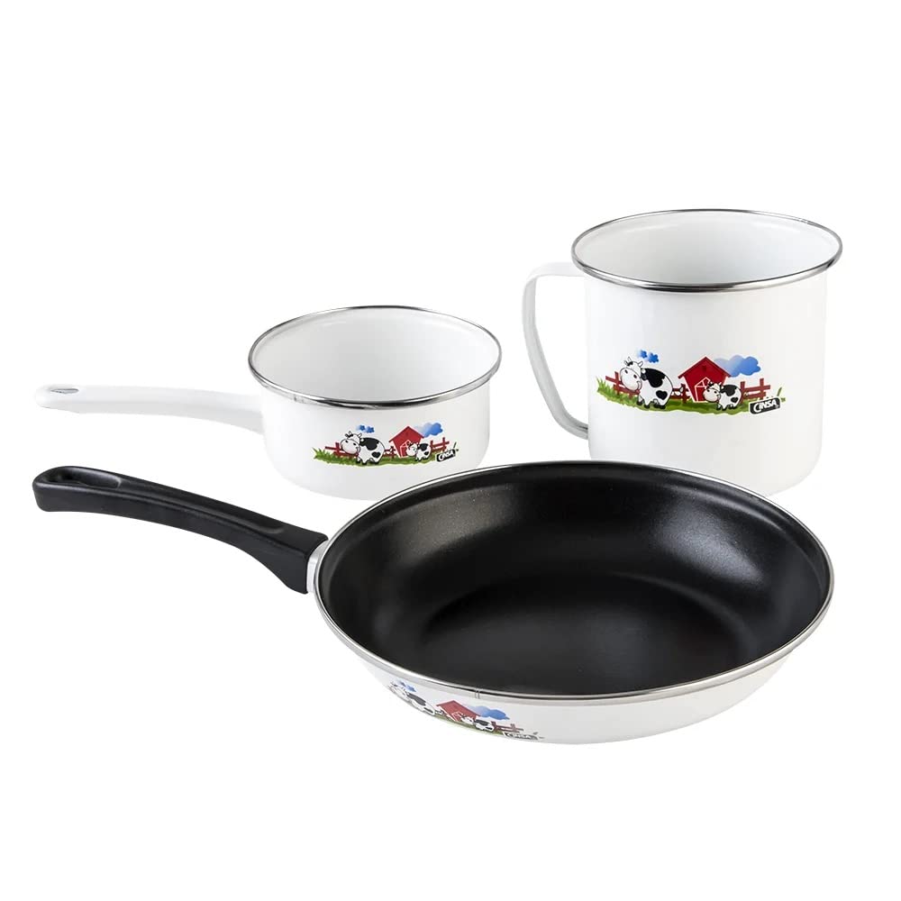 Cinsa Bateria de cocina Terranova Vaquitas en el corral, 9 piezas, Acero Vitrificado Novacero, Blanco con decorado de vacas