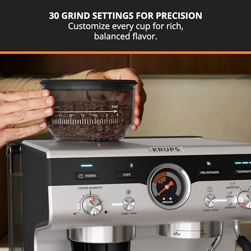 Krups Maquina Espresso con Molino Integrado, 30 Niveles de Molido, 15 Bares de Presión, Varita de Vapor Profesional, Preinfusión y Temperatura Ajustable, XP801TU0