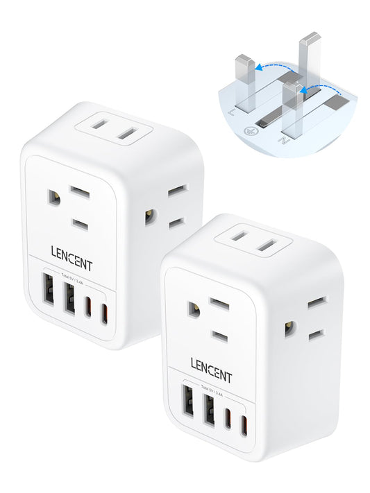 LENCENT 2X Adaptador de Viaje Enchufe UK, Cargador con 4 Salidas CA y 4 Puertos USB (2 USB-C), Convertidor de Enchufe Americano a Inglés Tipo G con Toma de Tierra, para Reino Unido, Irlanda, Hong Kong