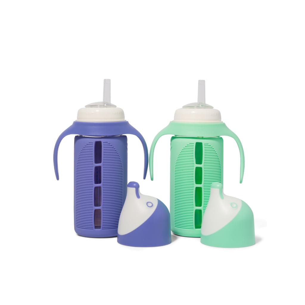 Tabor Place - Juego de 2 vasos de vidrio para niños pequeños - The Luca, verde menta y morado índigo, a prueba de derrames, pajita de silicona, 8 onzas, líquidos que nunca tocan plástico, asas