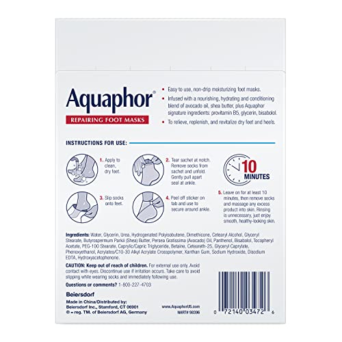 Aquaphor Mascarillas reparadoras para pies, calcetines hidratantes para pies secos, tratamiento hidratante para el cuidado de los pies con aceite de aguacate y manteca de karité, paquete de 6