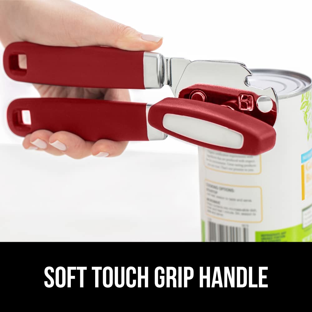 Gorilla Grip Abrelatas manual de mano de acero inoxidable resistente con borde liso con mango suave al tacto, a prueba de óxido, perilla de mano fácil giro, el mejor abridor de tapa grande para cocina, red