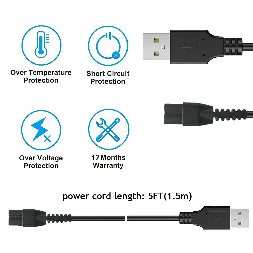 LIANSUM Cable de alimentación compatible con cortacésped Manscaped 3.0 y 2.0, cortador de pelo eléctrico Manscaped, Weed Whacker, negro, 5V DC, 5FT, macho a macho