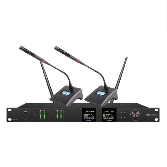 Bolymic 2900S 200 frecuencias seleccionables, sistema de micrófono de escritorio profesional de doble cuello de cisne inalámbrico UHF para iglesias, escuelas y negocios