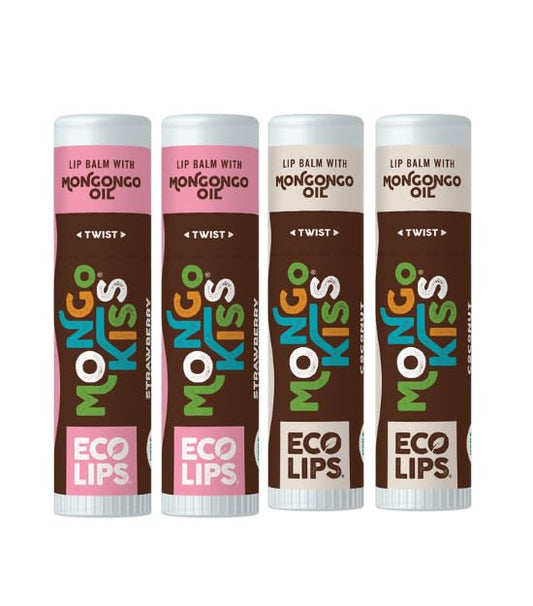 Eco Lips Mongo Kiss - Paquete de 4 bálsamos labiales – lavanda fresa y coco – 100% natural y fabricado en Estados Unidos