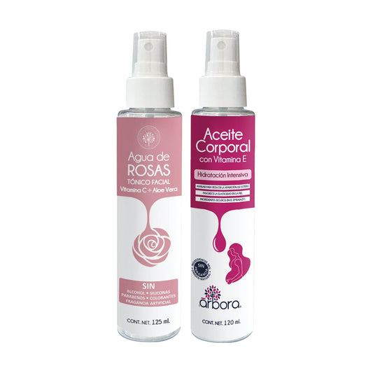 Árbora Kit Cuidado INTENSIVO | Aceite Corporal para Estrías con VITAMINA E + Agua de Rosas con ALOE VERA y VITAMINA C | Combinación ideal para prevenir y reducir la aparición de estrías |120ml /125 ml