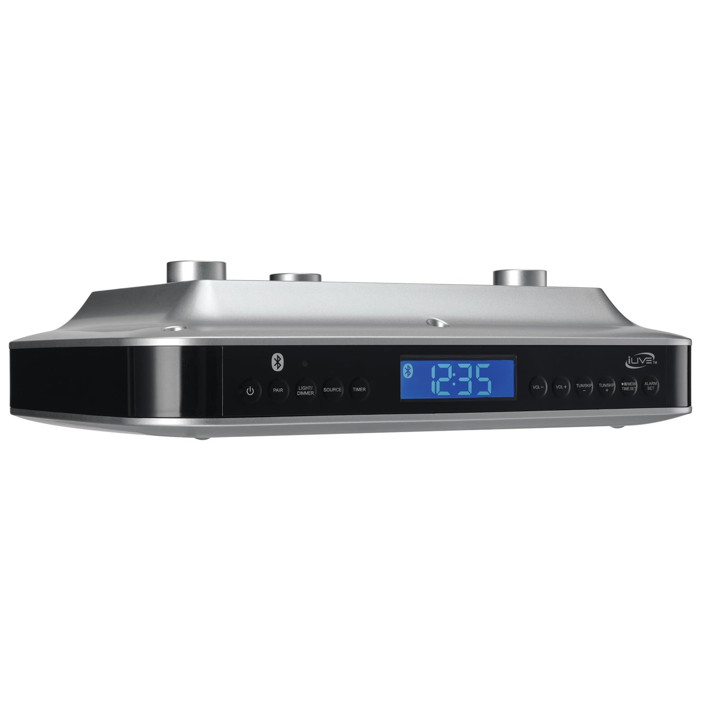 iLive - Sistema de música para debajo del gabinete con altavoces estéreo integrados y radio FM/puerto USB compatible con archivos MP3, puerto auxiliar, Bluetooth, reloj y temporizador con