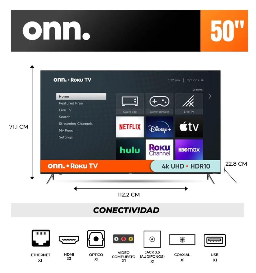 Televisión LED Ultra HD HDR ONN 50 Pulgadas Serie 4K Compatible con Alexa y Google Assistant