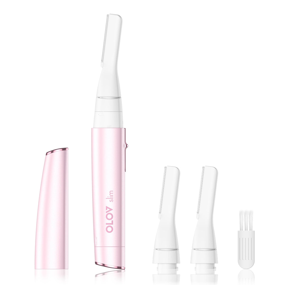 OLOV - Depilación facial delgada para mujer, cortadora de cejas sin dolor con cabeza pivotante, removedor de vello corporal eléctrico que funciona con pilas, con 2 cuchillas reemplazables para la cara