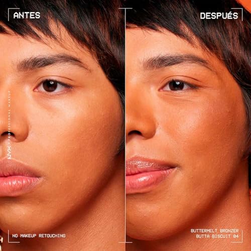NYX Professional Makeup, Buttermelt Bronzer, Tono: Biscuit (café canela). Bronceador cremoso en polvo infusionado con manteca de karité, mango y almendras, hasta 12hrs de uso, no se desvanece, resistente a transferencias. Fórmula vegana.